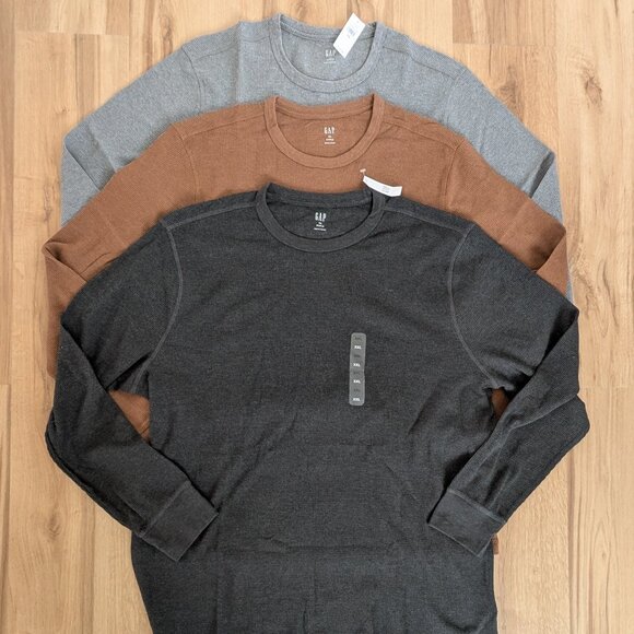NWT GAP Waffle Knit Crewneck Long Sleeve Shirts Bundle (3) XXL-Black Gray Brown